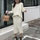 Long-sleeve Rib-knit Top / High-waist A-line Skirt