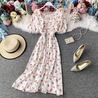 Square-neck Floral Print Short-sleeve Chiffon Dress