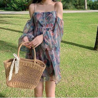 Long-sleeve Cold Shoulder Print Mini A-line Chiffon Dress