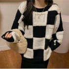 Oversized Color Block Plaid Long-sleeve Sweater