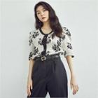 Puff-sleeve Floral Print Cardigan Ivory - One Size