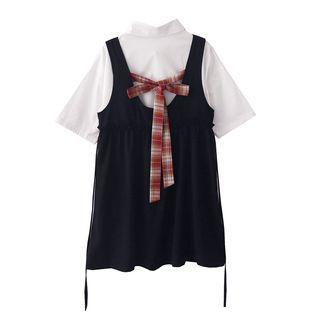 Short-sleeve Shirt / Bow Overall Dress / Set