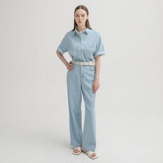Denim Set: Short-sleeve Shirt + Wide-leg Pants Light Blue - One Size