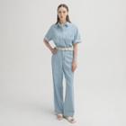 Denim Set: Short-sleeve Shirt + Wide-leg Pants Light Blue - One Size