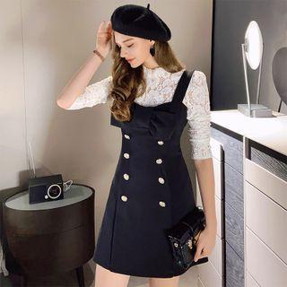 Long-sleeve Lace Top / Bow Accent Mini Overall Dress