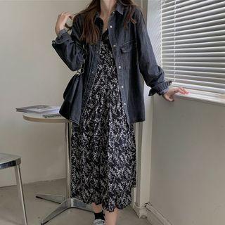 Denim Jacket / Spaghetti Strap Midi A-line Dress