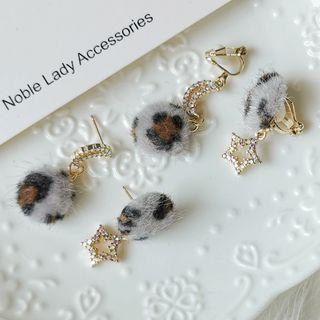 Leopard Print Chenille Rhinestone Moon & Star Dangle Earring