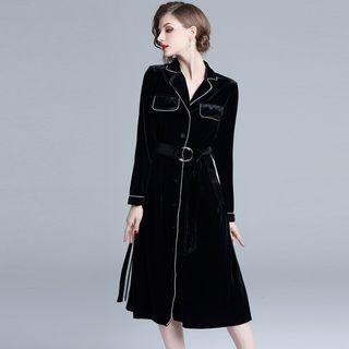Long-sleeve Contrast-trim Midi Velvet Shirtdress