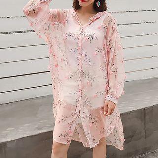 Flower Detail Hooded Long Light Jacket