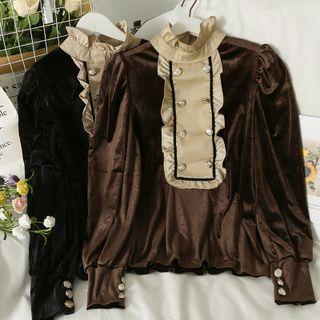 Patchwork Colorblock Mock-neck Velvet Top