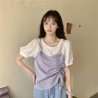 Mock Two-piece Drawstring Ruched Short-sleeve Top