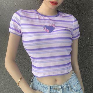 Heart Embroidered Striped Short-sleeve Cropped T-shirt