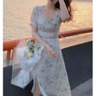 Short-sleeve Ruffle Trim Floral Chiffon Slit Midi Dress