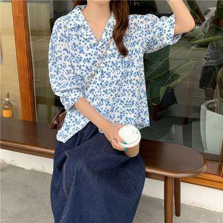 3/4-sleeve Floral Shirt Blue Floral - White - One Size