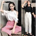 Elbow-sleeve Ruffle Cold-shoulder T-shirt / Paperbag Waist Cropped Pants