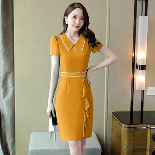 Short-sleeve Collared Ruffled Sheath Dress