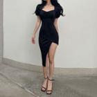 Puff Sleeve Asymmetric Sheath Dress
