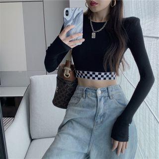 Long-sleeve Checkerboard Panel Crop Top