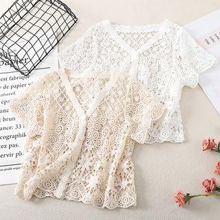 Short-sleeve V-neck Crochet Cardigan