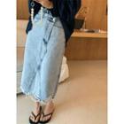Lettering Sweatshirt / Distressed Denim Midi A-line Skirt