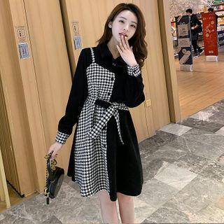 Mock Two-piece Houndstooth Panel Shirt Dress