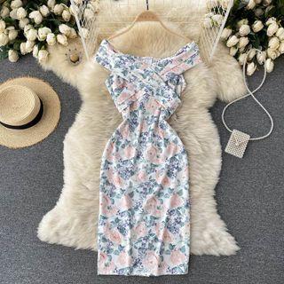 V-neck Off-shoulder Flower Print Dress
