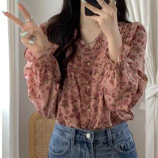 Long-sleeve Floral Chiffon Blouse Pink - One Size