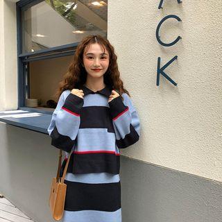 Set: Color Block Collared Sweater + Knit Skirt