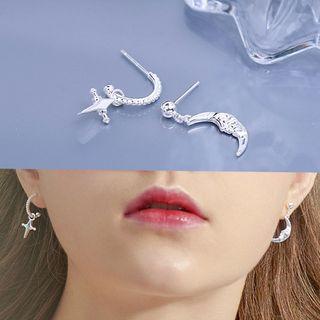 925 Sterling Silver Star And Moon Non-matching Earrings Silver - One Size