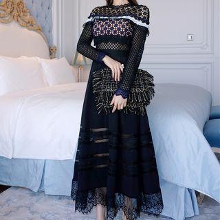 Long-sleeve Perforated Panel A-line Midi Dress