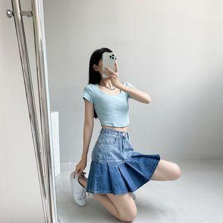 Ombre Pleated A-line Denim Skirt