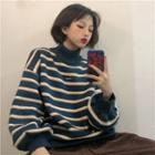 Mock Neck Letter Embroidered Striped Sweater