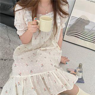 Short-sleeve Floral Print Lace Sleepdress As Figure - One Size