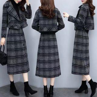 Set: Notch Lapel Plaid Cropped Jacket + Midi A-line Skirt