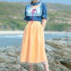 Set: Choker Ruffled Short-sleeve Top + Dotted Midi A-line Skirt