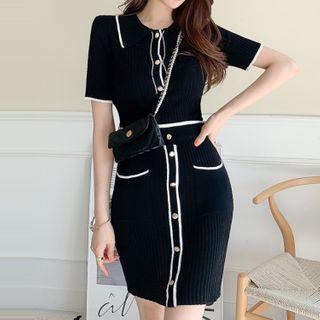 Set: Short-sleeve Contrast Trim Knit Top + Mini Pencil Skirt Set Of 2 - Black Top & Skirt - Black - One Size
