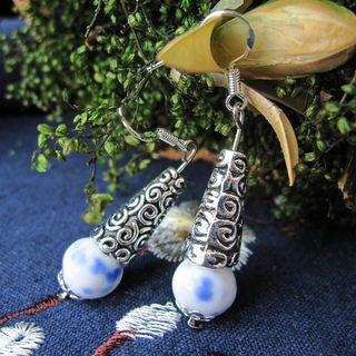 Ceramic Dangle Earring 1 Pair - White & Blue - One Size