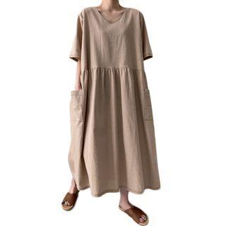 Elbow-sleeve V-neck Maxi Shift Dress