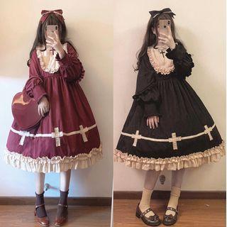 Set: Long-sleeve Frill Trim A-line Dress + Headband
