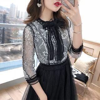 3/4-sleeve Lace Panel A-line Mesh Dress