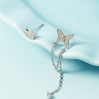 Butterfly Chained Asymmetrical Alloy Earring 1 Pair - Silver - One Size