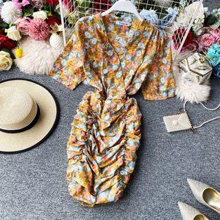 V-neck Short-sleeve Printed Ruched Mini Dress