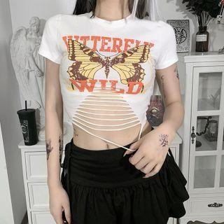 Short-sleeve Butterfly Print Cutout Cropped T-shirt
