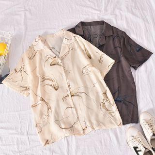 Elbow-sleeve Open-collar Marble Print Shirt