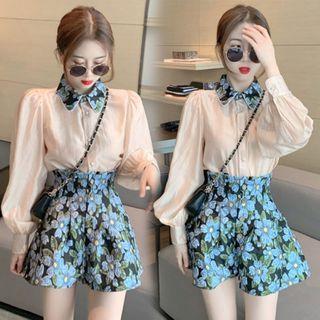 Long-sleeve Shirt / Floral Print Wide-leg Shorts