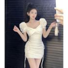 Puff-sleeve Lace-up Mini Bodycon Dress White - One Size