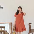 Ruffle-hem Linen Blend Shift Dress Dark Orange - One Size
