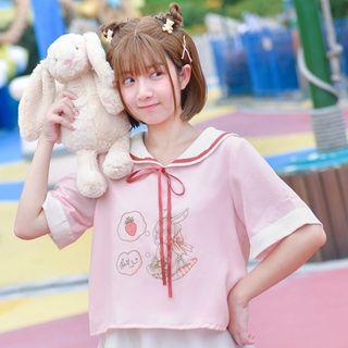Sailor Collar Cartoon Print Short-sleeve T-shirt