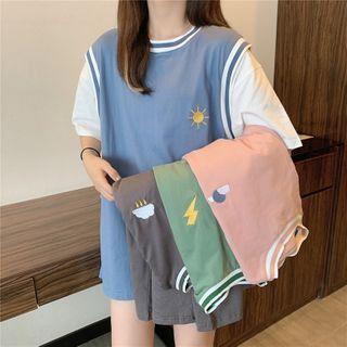 Short-sleeve Embroidered Mock Two-piece Top