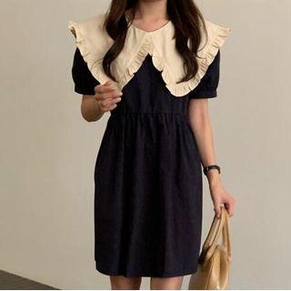 Ruffle Trim Contrast Collar A-line Dress Navy Blue - One Size